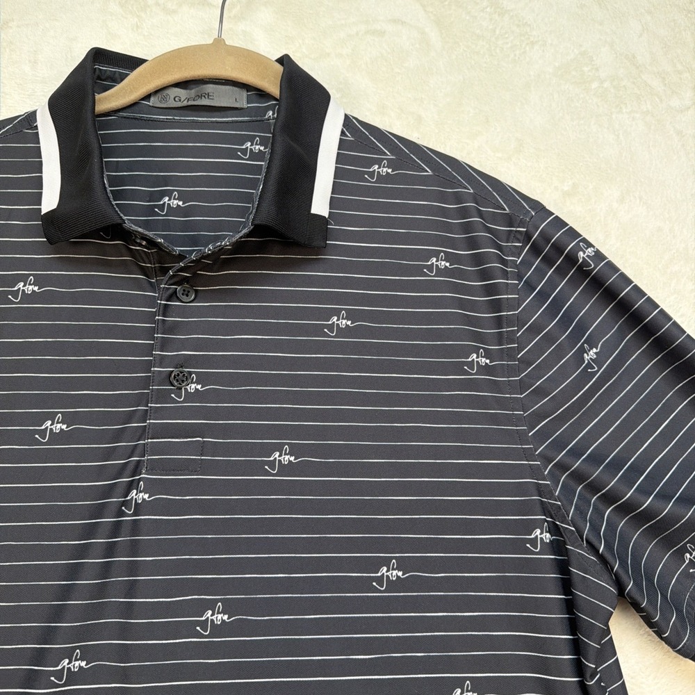 G/FORE Golf Polo Shirt Mens Large Black Striped Performance Logo Athletic
